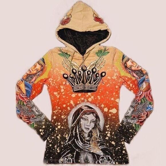 Christian Audigier Graphic Tattoo Print Full Zip‎ Hoodie - Picture 1 of 8